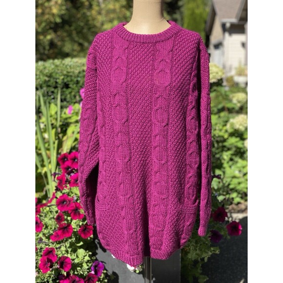Vintage 90s L.L. Bean 100% Pure Wool Purple CableKnit Fisherman Sweater Womens L - Picture 1 of 8